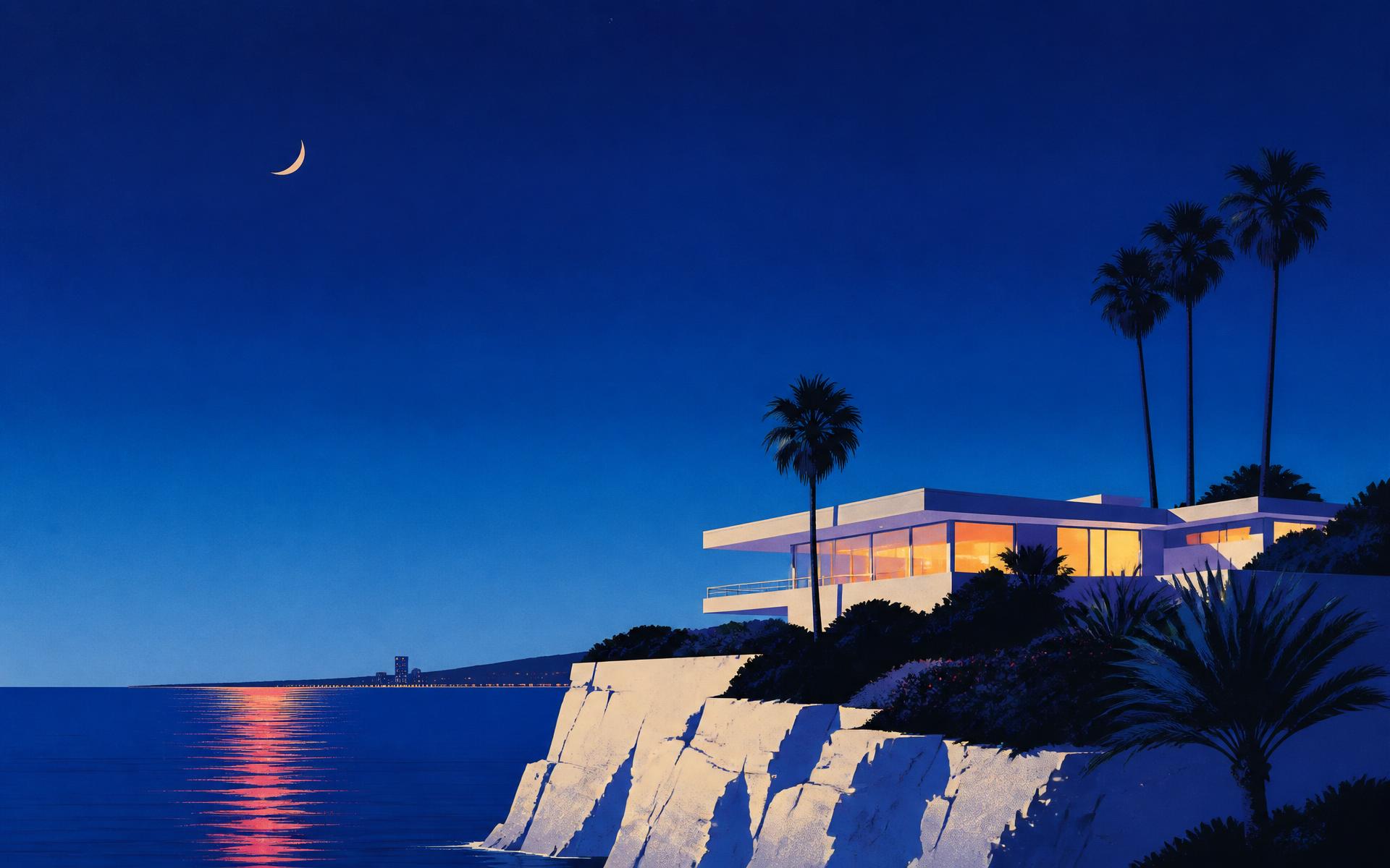 Illustration of a modernist Italian villa lit at night above a dark ocean